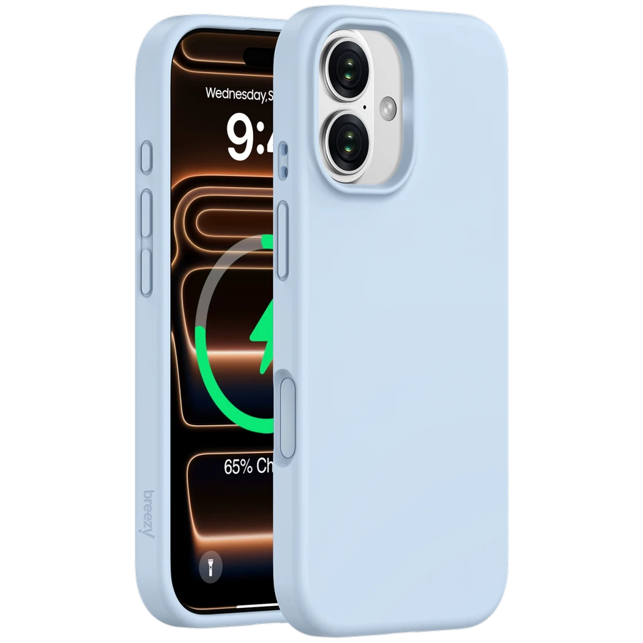 Чехол BREEZY Liquid silicon Magsafe с MagSafe для iPhone 16, Небесно-голубой