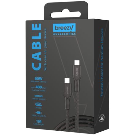 BREEZY Cable 60W USB-C to USB-C 1m Braided Black