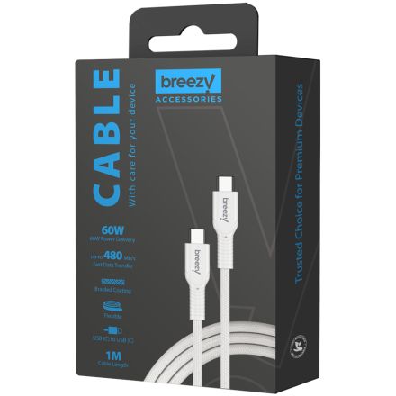 BREEZY Cable 60W USB-C to USB-C 1m Braided White