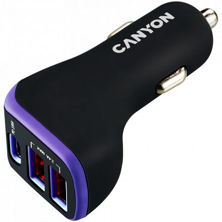 Автомобильный адаптер CANYON 3*USB/USB-C, 18 Вт
