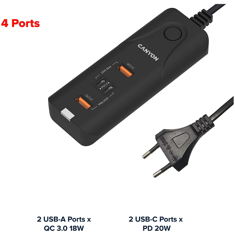 Адаптер питания CANYON 4*USB/USB-C 2*USB 3.0 (Тип A), 2*USB Тип C, 40 Вт