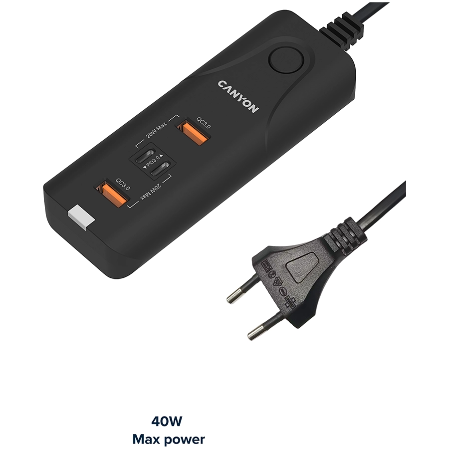 Адаптер питания CANYON 4*USB/USB-C 2*USB 3.0 (Тип A), 2*USB Тип C, 40 Вт