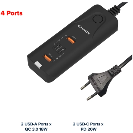 Адаптер питания CANYON 4*USB/USB-C 2*USB 3.0 (Тип A), 2*USB Тип C, 40 Вт