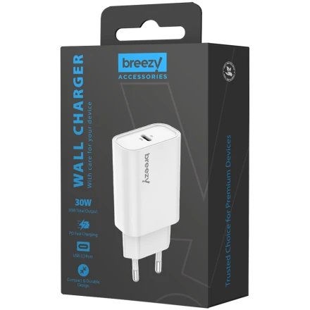 BREEZY Power Adapter USB-C USB Type C, 30 W