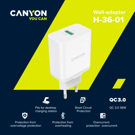 Адаптер питания CANYON USB Тип A, 36 Вт
