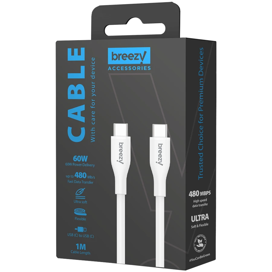 BREEZY Кабель USB-C, Белый, 1м