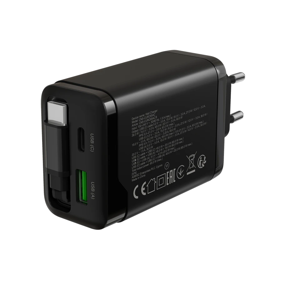 CANYON Power Adapter OnCharge 65RC 3*USB/USB-C USB Type-A, USB Type C, USB Type C, 65 W