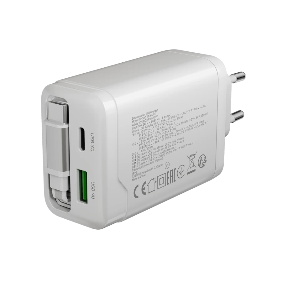 CANYON Power Adapter OnCharge 65RC 3*USB/USB-C USB Type-A, USB Type C, USB Type C, 65 W