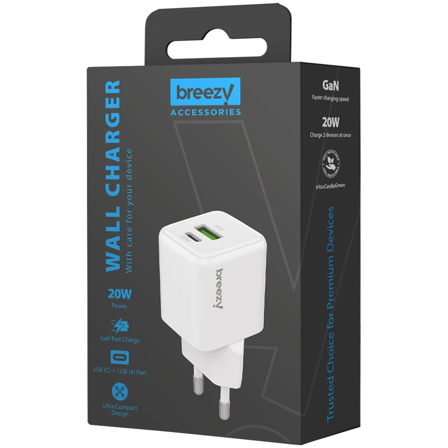 BREEZY Power Adapter 2*USB/USB-C USB Type C, USB Type-A, 20 W