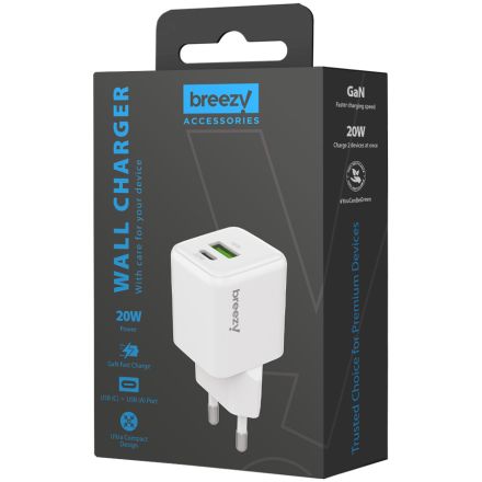BREEZY GaN Wall charger 20W with 1USBC+1USBA White