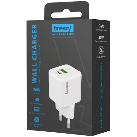 BREEZY Power Adapter 2*USB/USB-C USB Type C, USB Type-A, 20 W