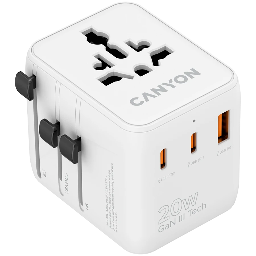 CANYON Power Adapter 3*USB/USB-C 2*USB Type C, USB Type-A, 20 W