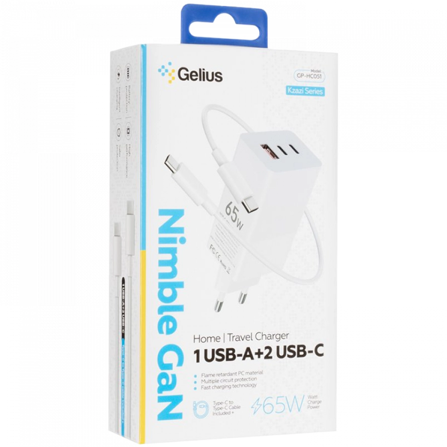 Адаптер питания GELIUS 3*USB/USB-C 2*USB Тип C, 4-пин USB (Тип A), 65 Вт