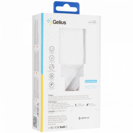 Адаптер питания GELIUS 3*USB/USB-C 2*USB Тип C, 4-пин USB (Тип A), 65 Вт