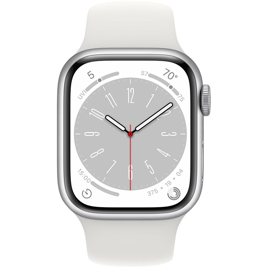 Apple Watch Series 8 GPS, 41мм, Серебристый, Спортивный ремешок белого цвета