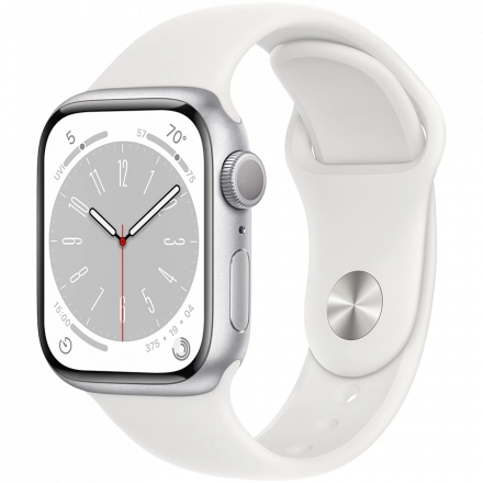 Apple Watch Series 8 GPS, 41мм, Серебристый, Спортивный ремешок белого цвета