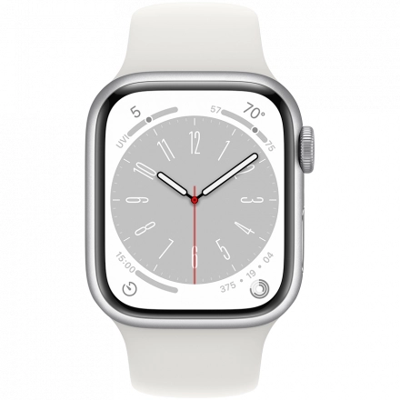 Apple Watch Series 8 GPS, 41мм, Серебристый, Спортивный ремешок белого цвета