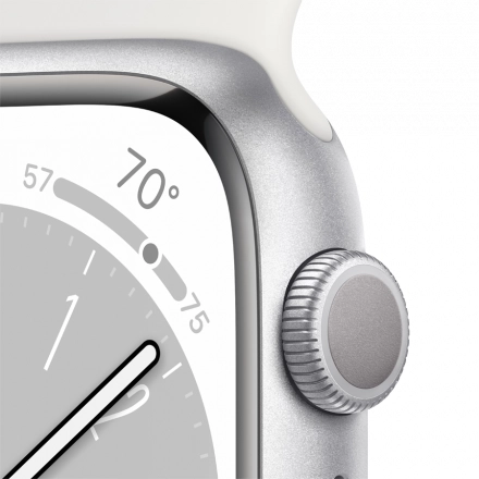 Apple Watch Series 8 GPS, 41мм, Серебристый, Спортивный ремешок белого цвета