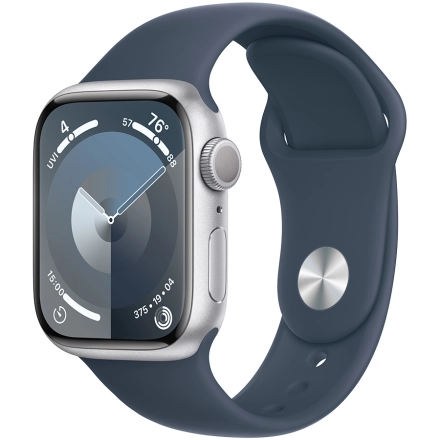 Apple Watch Series 9 GPS, 41mm, Silver, Storm Blue Sport Band, M/L