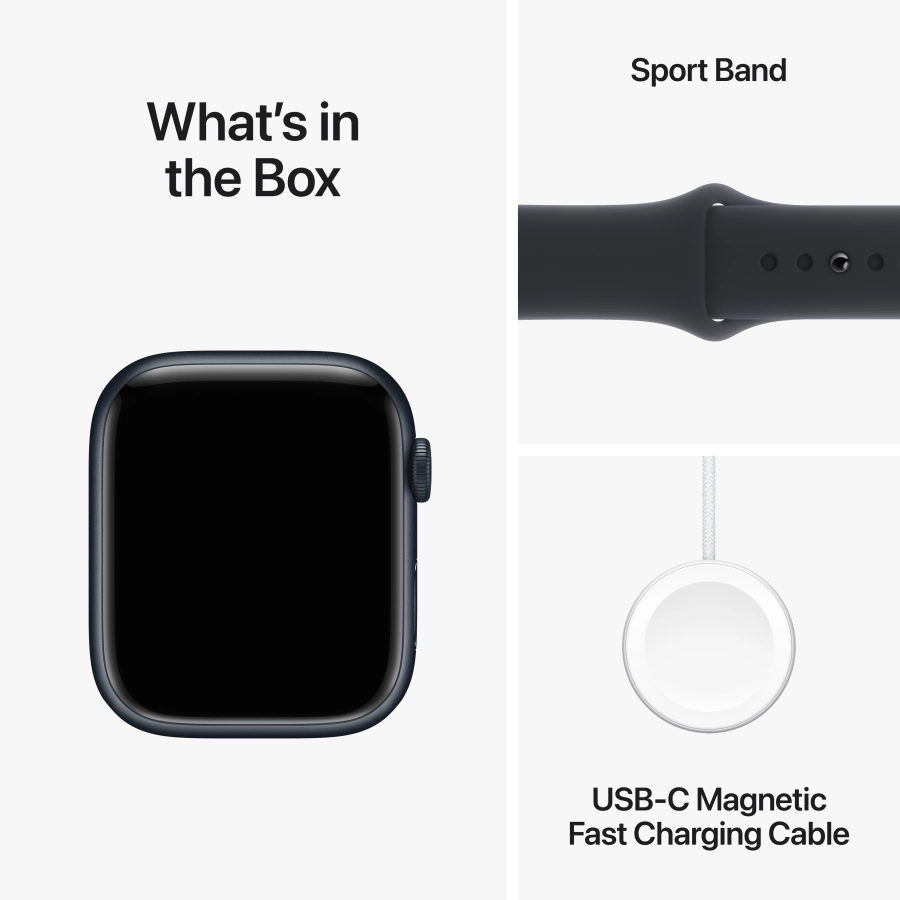 Apple Watch Series 9 GPS, 45мм, Тёмная ночь, Спортивный ремешок цвета «тёмная ночь», M/L