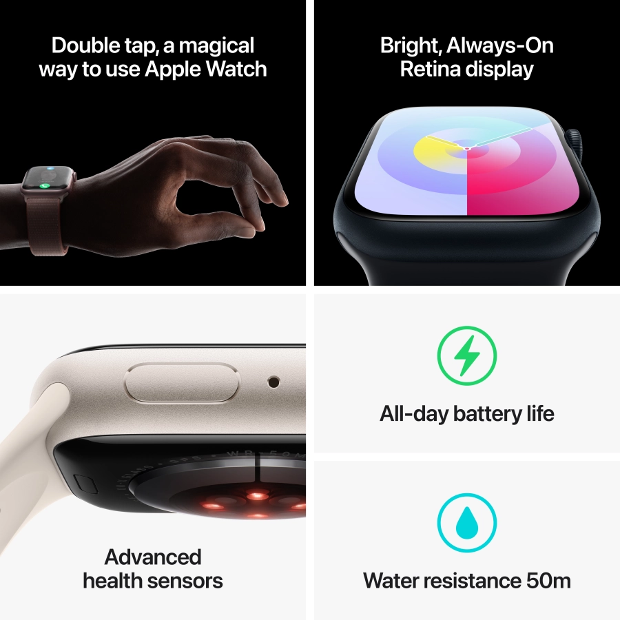 Apple Watch Series 9 GPS, 45мм, Тёмная ночь, Спортивный ремешок цвета «тёмная ночь», M/L