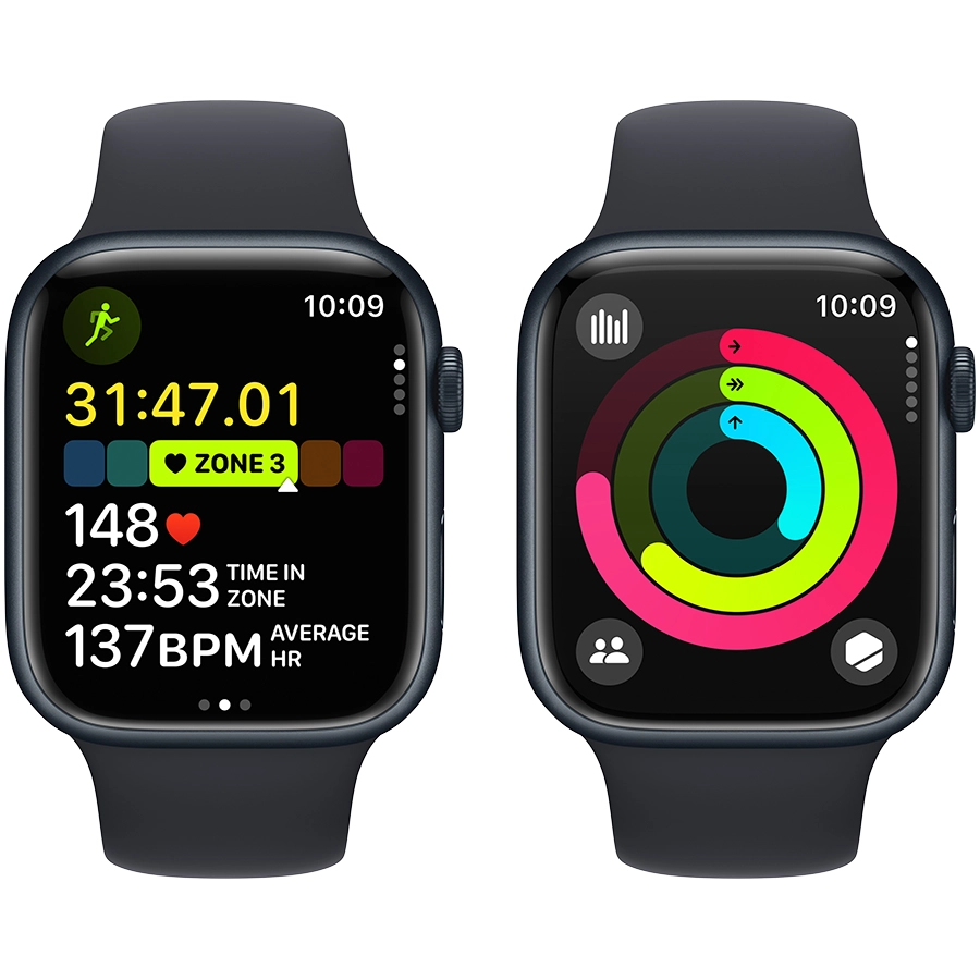 Apple Watch Series 9 GPS, 45мм, Тёмная ночь, Спортивный ремешок цвета «тёмная ночь», M/L