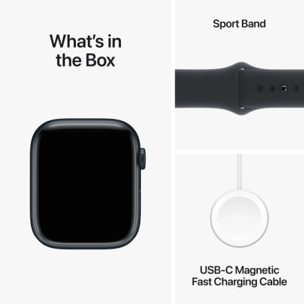 Apple Watch Series 9 GPS, 45мм, Тёмная ночь, Спортивный ремешок цвета «тёмная ночь», M/L