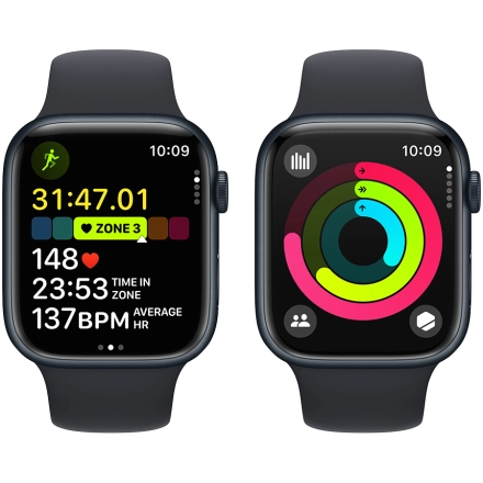 Apple Watch Series 9 GPS, 45мм, Тёмная ночь, Спортивный ремешок цвета «тёмная ночь», M/L