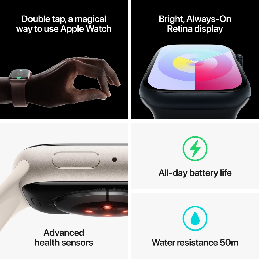 Apple Watch Series 9 GPS, 45мм, Серебристый, Storm Blue Sport Band, M/L