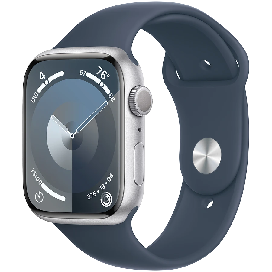 Apple Watch Series 9 GPS, 45мм, Серебристый, Storm Blue Sport Band, M/L