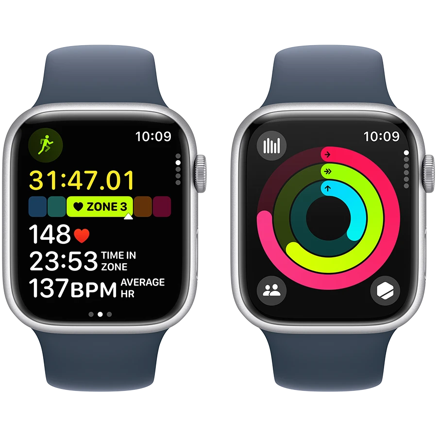 Apple Watch Series 9 GPS, 45мм, Серебристый, Storm Blue Sport Band, M/L