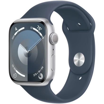 Apple Watch Series 9 GPS, 45мм, Серебристый, Storm Blue Sport Band, M/L