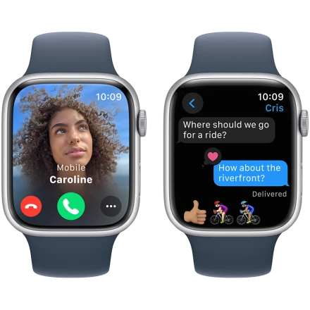 Apple Watch Series 9 GPS, 45мм, Серебристый, Storm Blue Sport Band, M/L