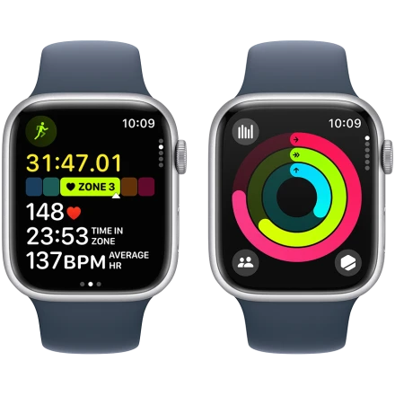 Apple Watch Series 9 GPS, 45мм, Серебристый, Storm Blue Sport Band, M/L