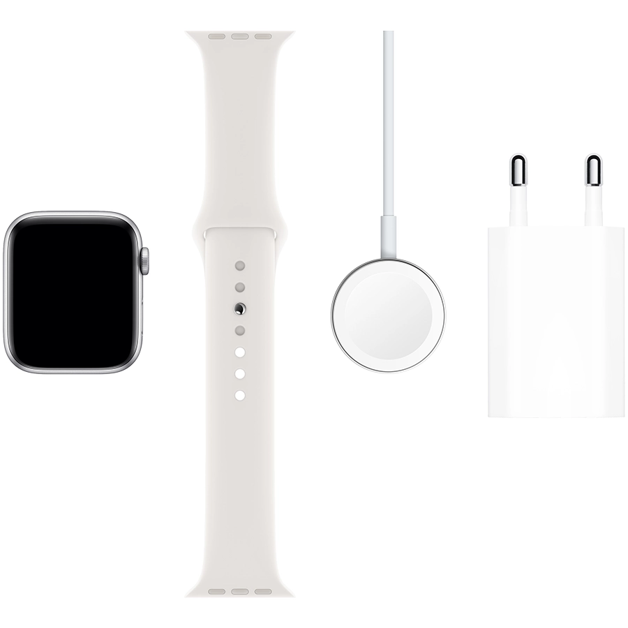 Apple Watch Series 5 GPS, 44мм, Серебристый, Спортивный ремешок белого цвета