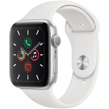 Apple Watch Series 5 GPS, 44мм, Серебристый, Спортивный ремешок белого цвета