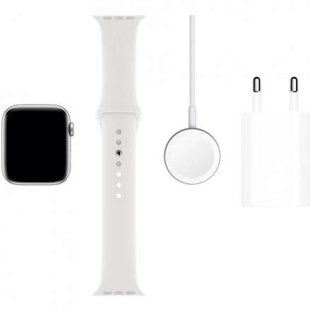 Apple Watch Series 5 GPS, 44мм, Серебристый, Спортивный ремешок белого цвета