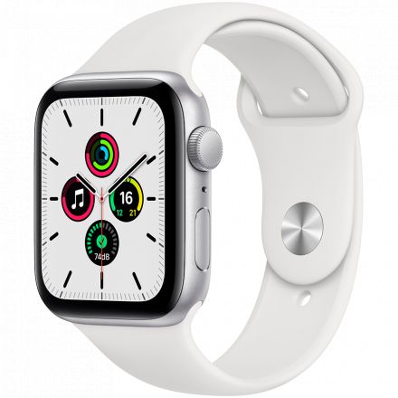 Apple Watch SE GPS, 44mm, Silver, Спортивний ремінець білого кольору 