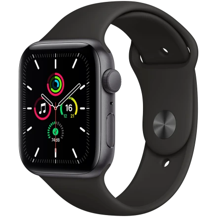 Apple Watch SE GPS, 44мм, Серый космос, Cпортивный ремешок чёрного цвета