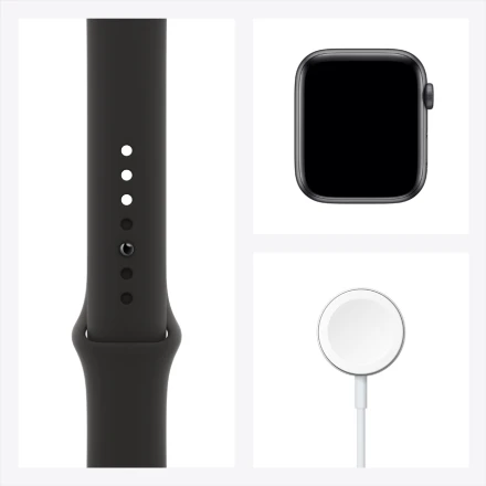 Apple Watch SE GPS, 44мм, Серый космос, Cпортивный ремешок чёрного цвета